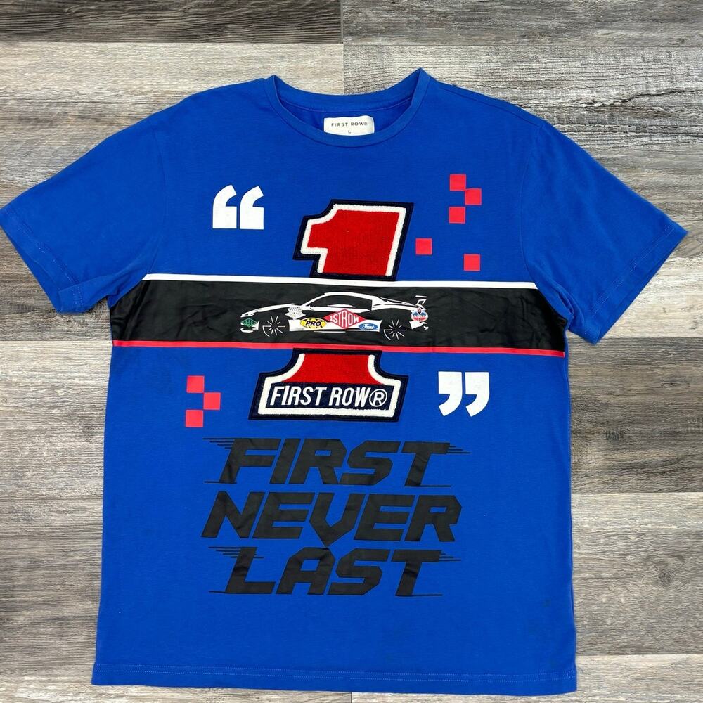 First Row First Never Last Blue Mens L Racing Sportscar Chenille‎ Patch T-Shirt